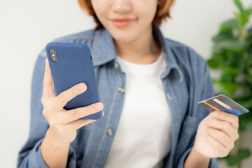 woman using smartphone for online shopping at home. Hand holding mobile phone with payment detail...