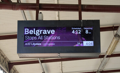 Electronic train station sign for the Belgrave line in Melbourne, Victoria, Australia