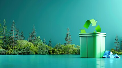Fototapeta premium Photo of a bright green recycling bin in front of a lush green forest. The bin is overflowing with a rainbow of colorful paper. The background is a deep blue sky with white clouds.