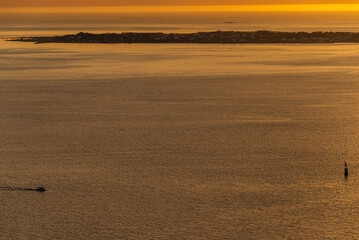 top view of a sunset over Alesund during a sunny spring evening, Norway