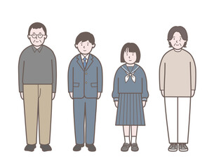 両親と学生の4人家族の全身イラスト2
