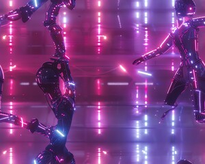 Design a dancer wearing biomechanical armor executing fluid movements against a backdrop of pulsating LED lights Employ CG 3D rendering to achieve a sleek