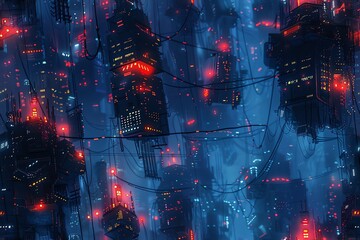 Design a digital painting of an advanced metropolis where androids write love letters to their human partners