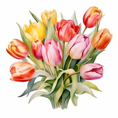 Obraz premium Tulips. Bouquet of tulips. Spring flowers clipart. Watercolor illustration. Generative AI. Detailed illustration.