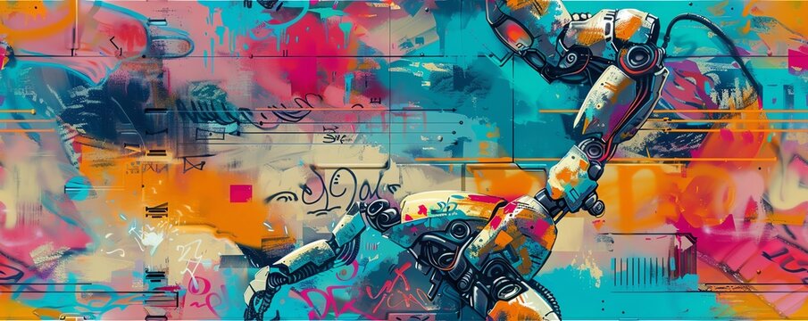 Illustrate a futuristic robot performing a fluid dance routine on a gritty urban street Incorporate vibrant graffiti elements that seamlessly merge with the robots metallic body Ex