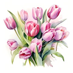 Tulips. Bouquet of tulips. Spring flowers clipart. Watercolor illustration. Generative AI. Detailed illustration.