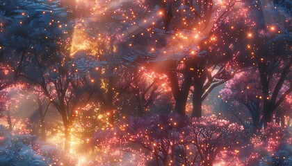 Immerse viewers in a mystical forest with towering, iridescent trees in CG 3D, blending reality and fantasy seamlessly for a captivating Virtual Reality experience