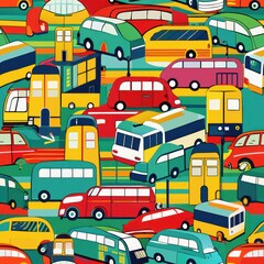 Seamless pattern of colorful city buses and taxis, Generative AI