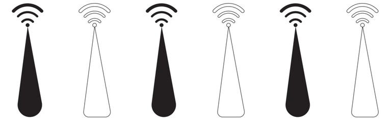 Antenna icon set. Radio antenna icon. Radio tower icons. Communication towers collection. Transmitter receiver wireless signal icons. Vector