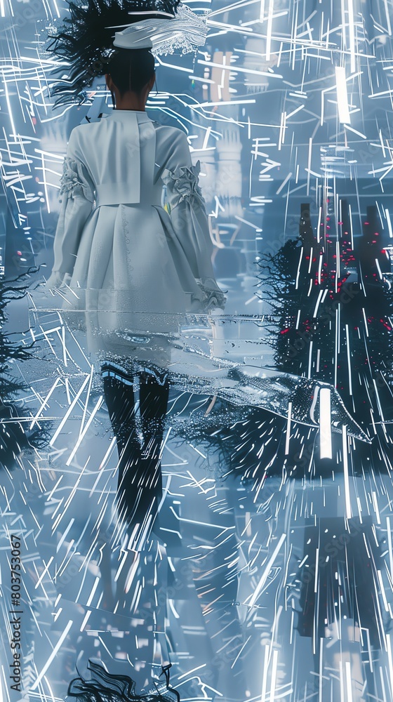 Poster Visualize a digital masterpiece where fashion evolution intertwines with virtual reality Utilize CG 3D techniques to create a surreal catwalk moment captured from a low-angle viewp