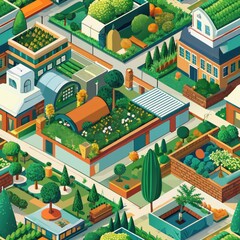 Seamless pattern of rooftop gardens and green spaces, Generative AI