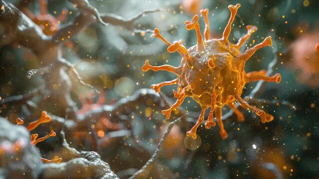 rabies viruses orange in neuron intracytoplasmic. seamless looping overlay 4k virtual video animation background