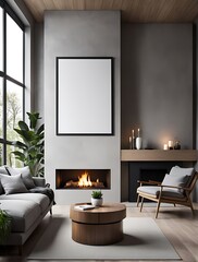 Scandinavian interior design of modern living room, home with fireplace and big poster frame. 