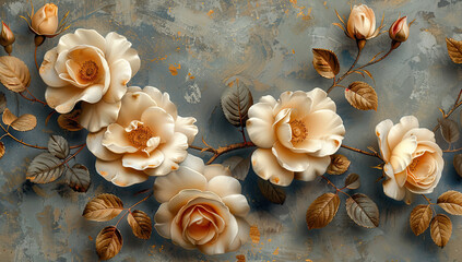 3d wallpaper with roses and leaves, beige color palette, roses in the center of the picture. Created with Ai
