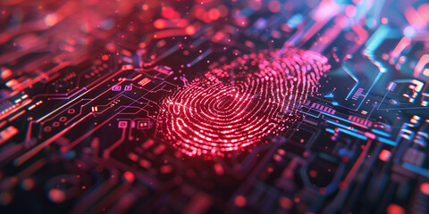 A close-up photograph capturing an integrated circuit with biometric scanning technology, showcasing the silhouette of a fingerprint on one chip. Surrounding the fingerprint are glowing data streams 