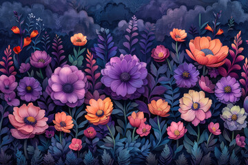 A vibrant and detailed illustration of peonies in various shades of purple, pink, and orange against an elegant dark background. Created with Ai