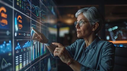 Surrounded by charts and graphs, a middle-aged female executive engages her team in a strategic planning session, fostering collaboration and innovation in the pursuit of project success - Powered by Adobe