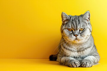 silver tabby british shorthair cat portrait looking serious or angry on yellow background with copy space 
