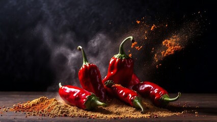 Red hot chili peppers with powder and spices on wooden table over dark background - Powered by Adobe