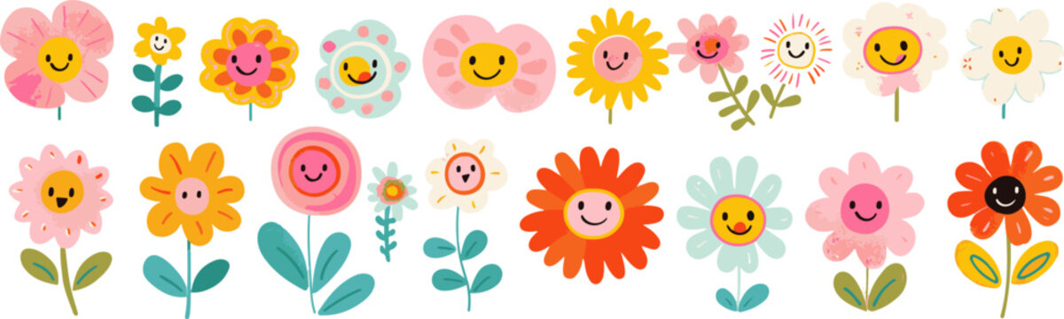A vector illustration of cute smiling flowers