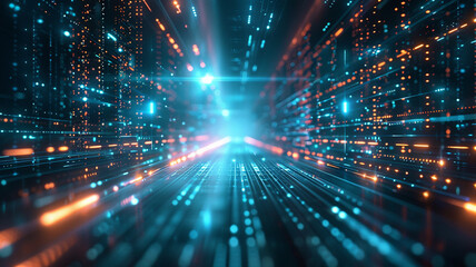 A bright red glowing tunnel of binary code The concept of virtual reality. Big data speed line and fast connect and movement of digital data concept. bright red tunnel, glowing tunnel, binary code,