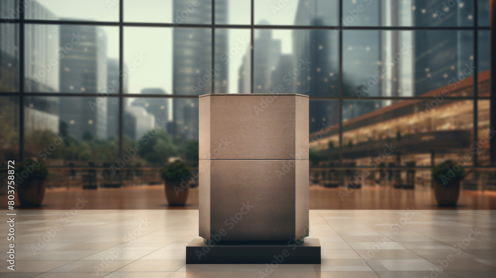 Poster a large, square object is sitting in a room with a view of a city