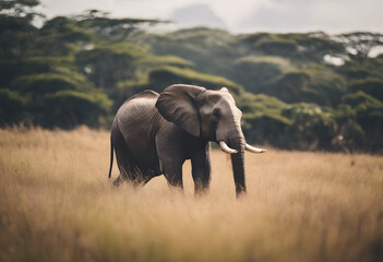 A majestic elephant walking through a grassy savannah with trees and a mountain in the background. World Elephant Day.