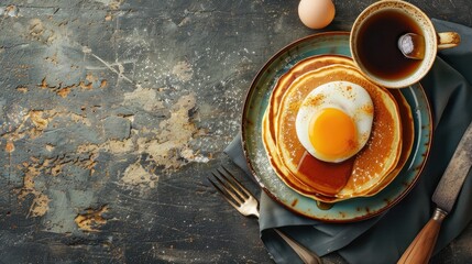 Plate with tasty pancakes and eggs on grunge background. Top view.