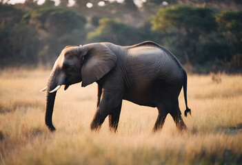 A majestic elephant walks through a grassy savannah at sunset, with warm light highlighting its features. World Elephant Day.
