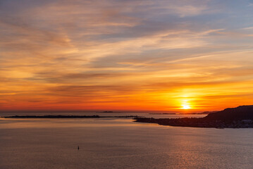 top view of a sunset over Alesund during a sunny spring evening, Norway
