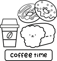 a vector of bread, coffee, and donut in black and white coloring