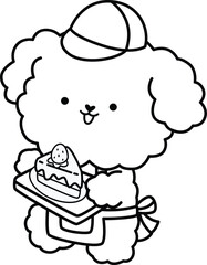 a vector of a cute dog and a slice of strawberry cake in black and white coloring