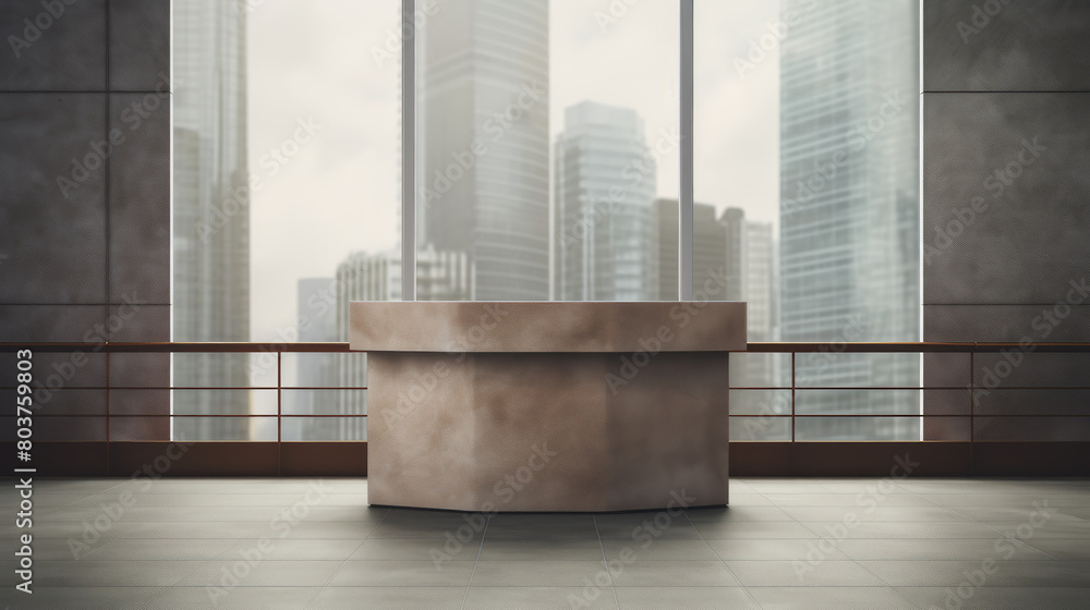 Poster a large empty room with a large window and a large table in the middle