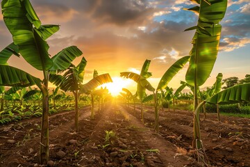 A panoramic shot of a banana plantation at sunset, showcasing rows of banana trees under a glowing sky, perfect for agricultural and natural environment themes - obrazy, fototapety, plakaty