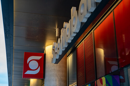 Scotiabank logo sign. The Bank of Nova Scotia (Scotiabank) is a Canadian multinational banking and financial services company headquartered in Toronto. Toronto, Canada - April 29, 2024.