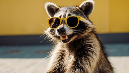 Portrait of a raccoon in sunglasses on a yellow background.
