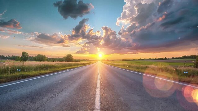 beautiful scenery with asphalt road and sunset view. seamless looping overlay 4k virtual video animation background