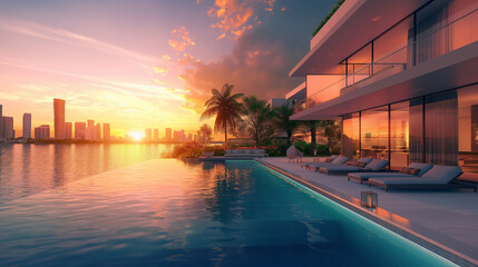 Fototapeta premium A large pool with a sunset in the background