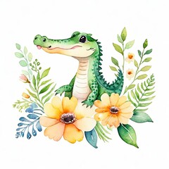 Fototapeta premium Cute baby crocodile watercolor isolated on white background. Alligator kid cartoon character vector illustration