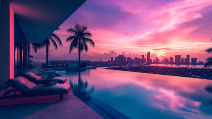 A large pool with a sunset in the background