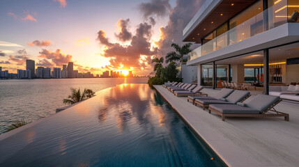 Obraz premium A large pool with a sunset in the background