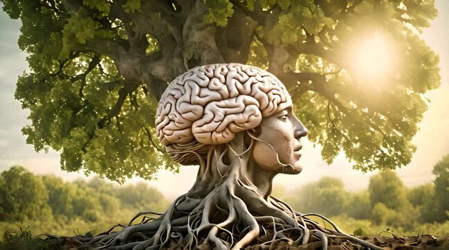 Abstract human brain seamlessly merging with the roots of towering tree, symbolizing the interconnectedness of the human mind with nature and the wisdom of the natural world