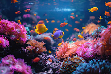 Anemones and clownfish in an aquarium, surrounded colorful coral reefs. The scene captures the beauty of marine life under water. Created with Ai