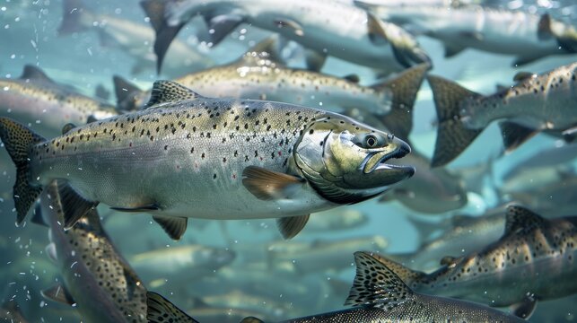 Salmon swimming on the surface of fish farm. fish. Illustrations