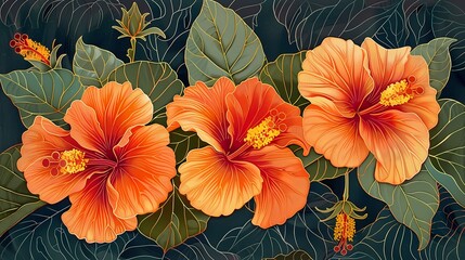 orange hibiscus flowers illustration poster background