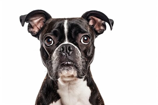 Studio Headshot Portrait Of Boston Terrier Dog With Head Tilted Looking Forward Against A White Background