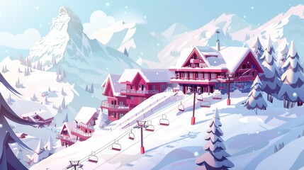 Illustrated winter ski resort scenes. Generative AI. cartoons. Illustrations