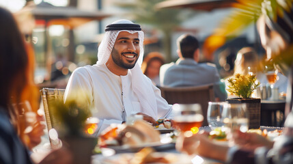 Arab Middle Eastern man in Kandura Ghutra having meeting or launch out with colleagues workmates coworkers. Emirati UAE national at an outdoor restaurant in Dubai.