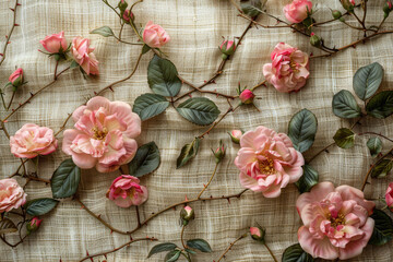 An embroidery of pink roses on linen fabric. Created with Ai