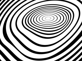 Abstract hypnotic wave pattern with black-and-white striped lines. Psychedelic background. Op art, optical illusion. Modern design, graphic texture.